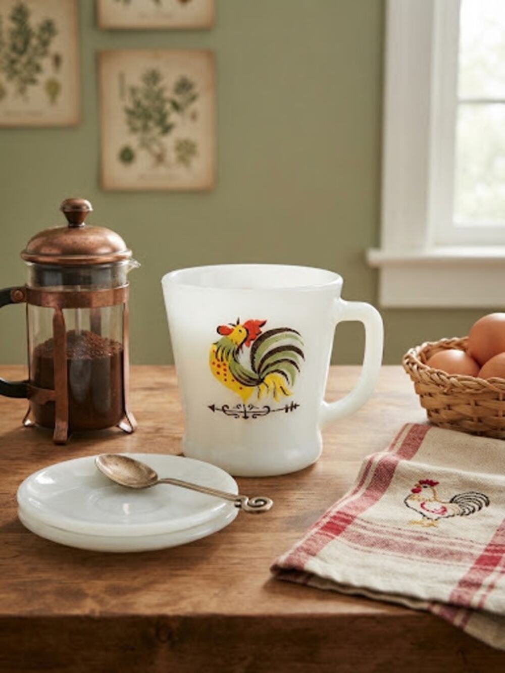 Vintage 1950s Fire-King Chanticleer Rooster Coffee Mug Milk Glass D-Handle